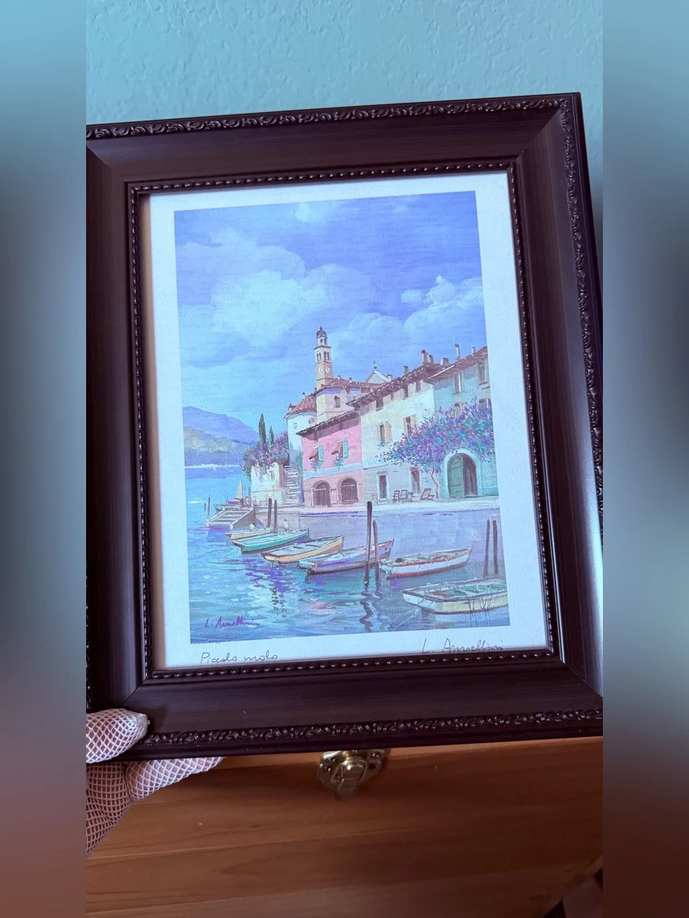 L. Armellini “Piccolo Molo” Signed Italian Harbor Art Print Framed 13” x 11”